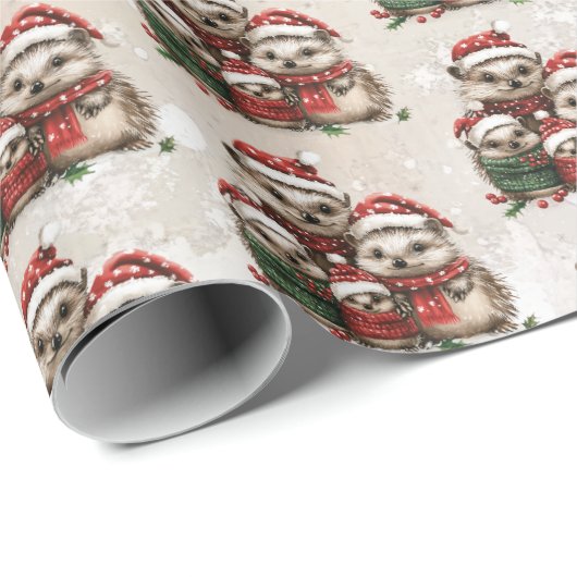 Familie van 4 Kerst Egels Waterverf Cadeaupapier (Rol Hoek)