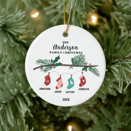 Familie van 4 Kerstmis Kous Gepersonaliseerd Keramisch Ornament (Boom)