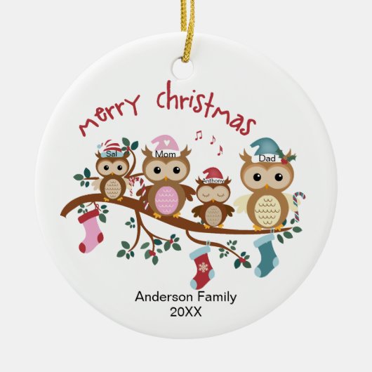 Familie van 4 Kerstmis met rond de wedstrijd Keramisch Ornament (Voorkant)