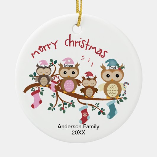 Familie van 4 Kerstmis met rond de wedstrijd Keramisch Ornament (Voorkant)
