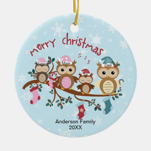 Familie van 4 Kerstmis met rond de wedstrijd Keramisch Ornament (Voorkant)