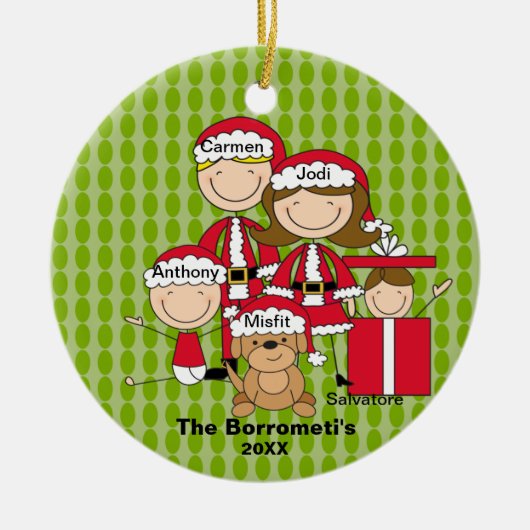 Familie van 4 met Dog Kerstversiering Keramisch Ornament (Voorkant)
