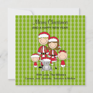 Familie van 4 met Kat Stick People-kerstkaart Feestdagenkaart