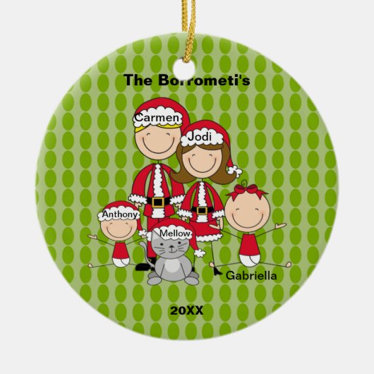 Familie van 4 met kerstversiering keramisch ornament (Voorkant)