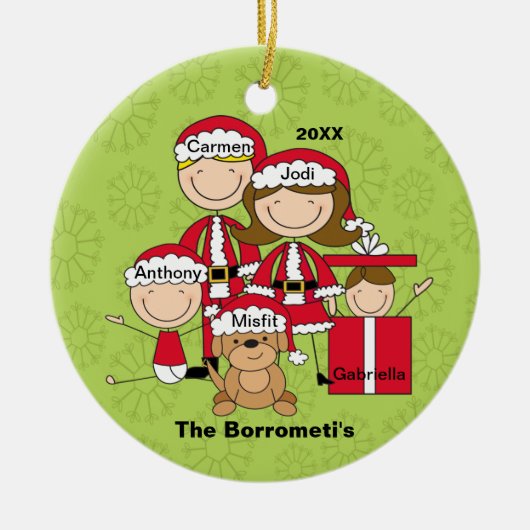 Familie van 4 met kerstversiering van de hond keramisch ornament (Voorkant)