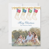 Familie van 4 - Waterverf Monogram Kousen Foto Feestdagenkaart (Voorkant)