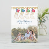 Familie van 4 - Waterverf Monogram Kousen Foto Feestdagenkaart (Staand voorkant)