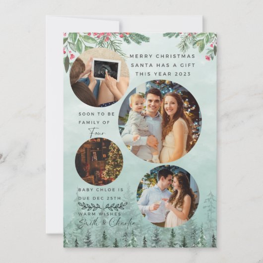 Familie van 4 Zwangerschapsaankondiging Waterverf Feestdagenkaart (Voorkant)