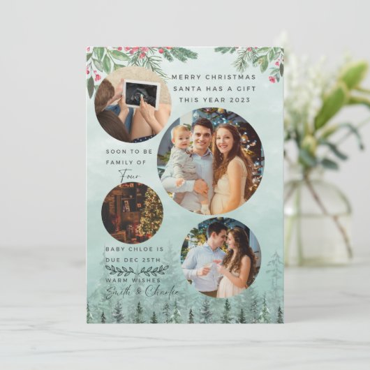 Familie van 4 Zwangerschapsaankondiging Waterverf Feestdagenkaart (Staand voorkant)