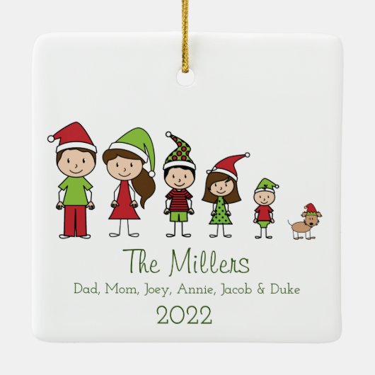 Familie van 5 met Dog Persoonlijke Kerstmis Keramisch Ornament (Achterkant)