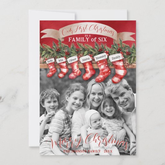 Familie van 6 Kerstkousen Foto Baby First Feestdagenkaart (Voorkant)