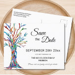 Familie van de Boom van de Familie reünie sparen d Aankondigingskaart<br><div class="desc">Laat je familie de datum van hun familiereünie kennen met dit stijlvolle briefkaart. Het bevat een stamboom in regenboogkleuren en ruimte die u kunt aanpassen aan uw familienaam en details. Originele mozaïek © Michele Davies.</div>