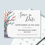 Familie van de Boom van de Familie reünie sparen d Aankondigingskaart<br><div class="desc">Nodig uw familie aan uw Familie Reunion met dit stijlvolle sparen het briefkaart van de Datum uit. Het bevat een stamboom in de kleuren van de regenboog en ruimte die u kunt aanpassen aan uw familienaam en uw details. Originele mozaïek © Michele Davies.</div>