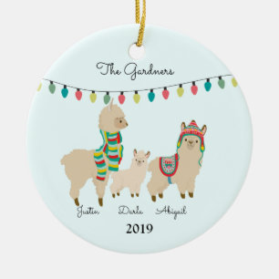 Familie van de lama met drie kerst keramisch ornament