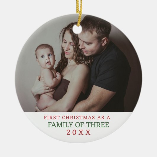 Familie van drie eerste kerstfoto's keramisch ornament (Voorkant)