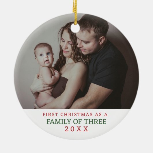 Familie van drie eerste kerstfoto's keramisch ornament (Achterkant)