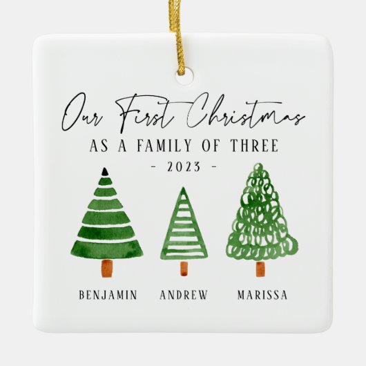 Familie van drie eerste Kerstmis Keramisch Ornament (Voorkant)