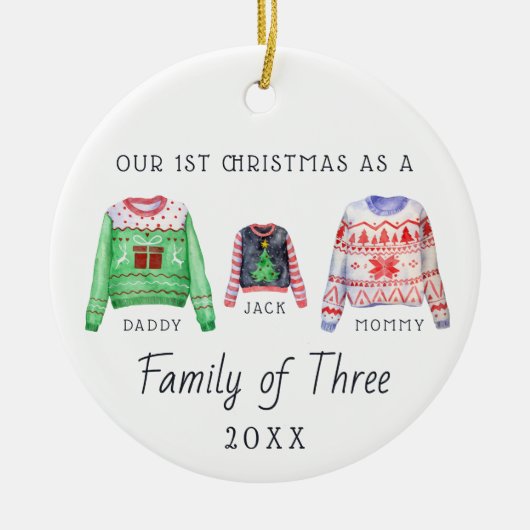 Familie van drie | Eerste kerstversiering Keramisch Ornament (Voorkant)