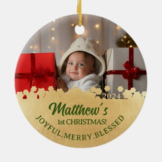 Familie van Drie Foto Ornament Eerste Kerstmis (Achterkant)