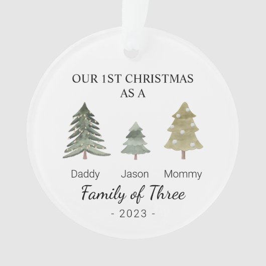 Familie van drie gepersonaliseerde baby's Eerste K Ornament (voorkant)