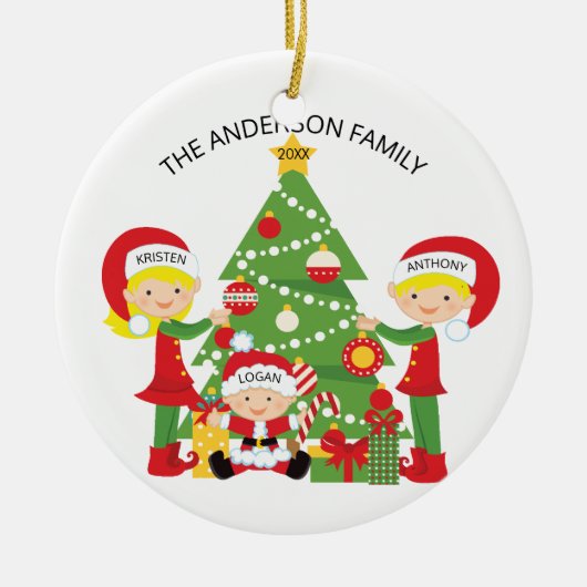 Familie van drie gepersonaliseerde kerstversiering keramisch ornament (Voorkant)