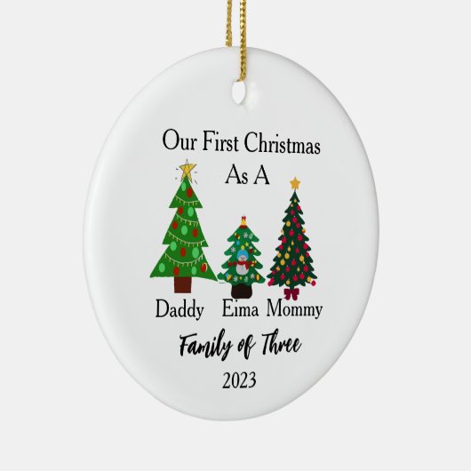 Familie van drie kerst, gepersonaliseerde kerst keramisch ornament (Rechts)
