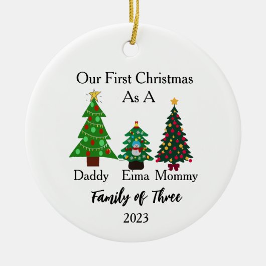 Familie van drie kerst, gepersonaliseerde kerst keramisch ornament (Voorkant)