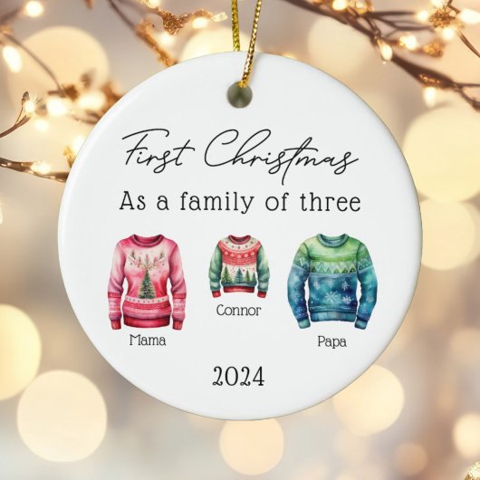 Familie van Drie Kersttruien Baby Foto Keramisch Ornament