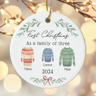 Familie van Drie Kersttruien Boy Baby Foto Keramisch Ornament