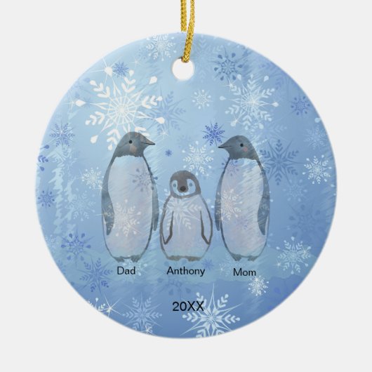 Familie van drie pinguïn met kerstmis keramisch ornament (Voorkant)