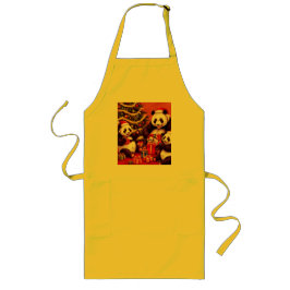 Familie van panda's opent kerstcadeaus lang schort