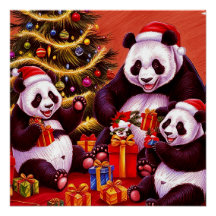 Familie van panda's opent kerstcadeaus