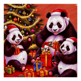 Familie van panda's opent kerstcadeaus perfect poster