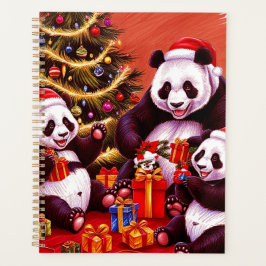 Familie van panda's opent kerstcadeaus planner