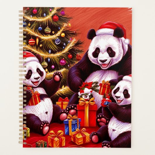 Familie van panda's opent kerstcadeaus planner (Voorkant)