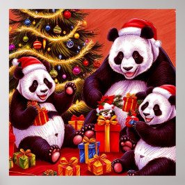 Familie van panda's opent kerstcadeaus poster