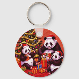 Familie van panda's opent kerstcadeaus sleutelhanger