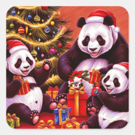 Familie van panda's opent kerstcadeaus vierkante sticker