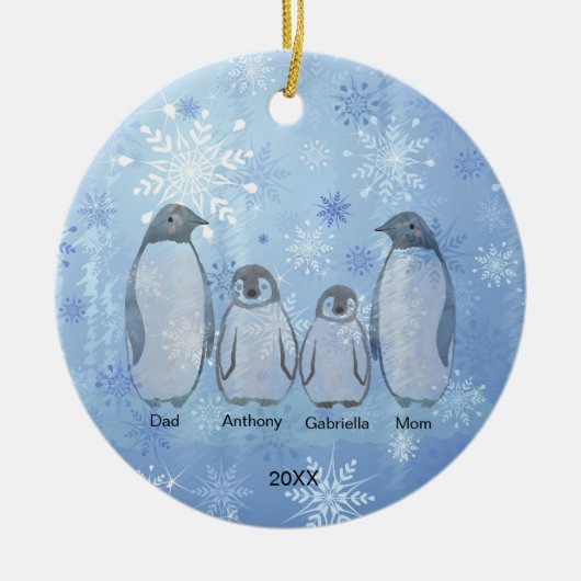 Familie van vier pinguïn met kerstmis keramisch ornament (Voorkant)