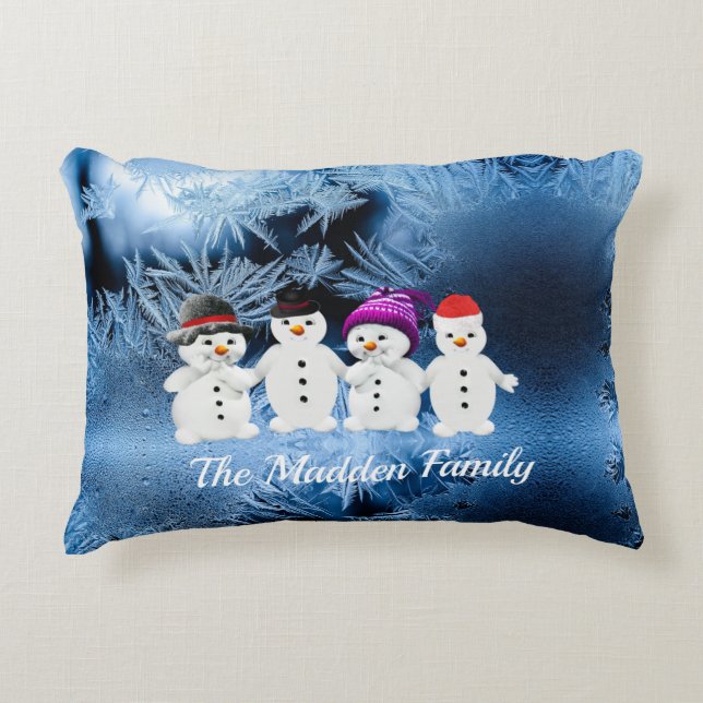Familie van vier Snowmen Accent Pillow Kussen (Voorkant)