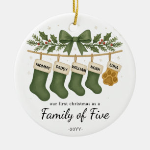 Familie van vijf kousen - Green Holly Keramisch Ornament