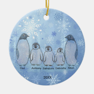 Familie van vijf pinguïn met kerstmis keramisch ornament