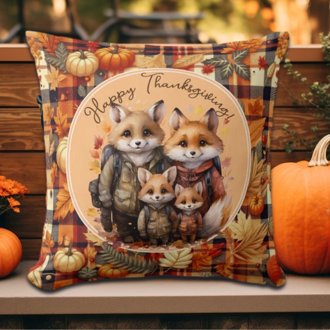 Familie van vossen Happy Thanksgiving Pumpkins Pla Kussen (Creator heeft geüpload)
