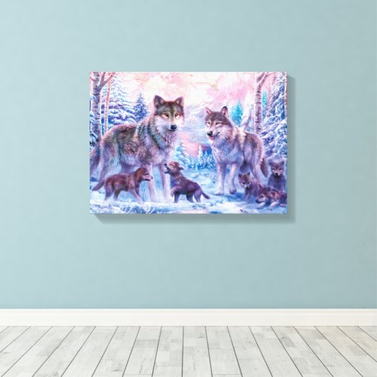 Familie van wolven schilderen canvas afdruk (Insitu (Houten vloer))