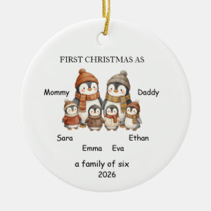 Familie van zes eerste kerstboomornament, pinguïn keramisch ornament
