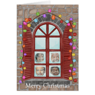 Familie Verlichte Kerstmis Venster Fotokaart