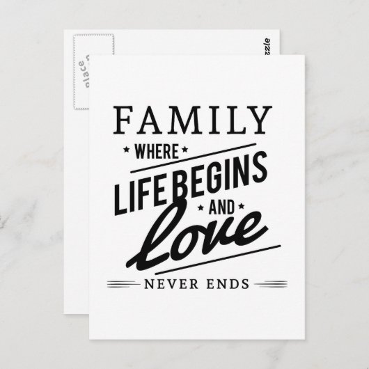Familie waar het leven begint en liefde nooit eind briefkaart (Voorkant / Achterkant)