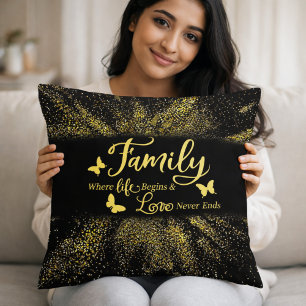 Familie Waar Het Leven Begint Goud Glitter Zwart Kussen