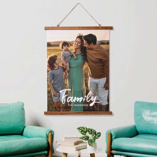 Familie White Script Foto-overlay Monogram Hangend Wandkleed (Woonkamer)