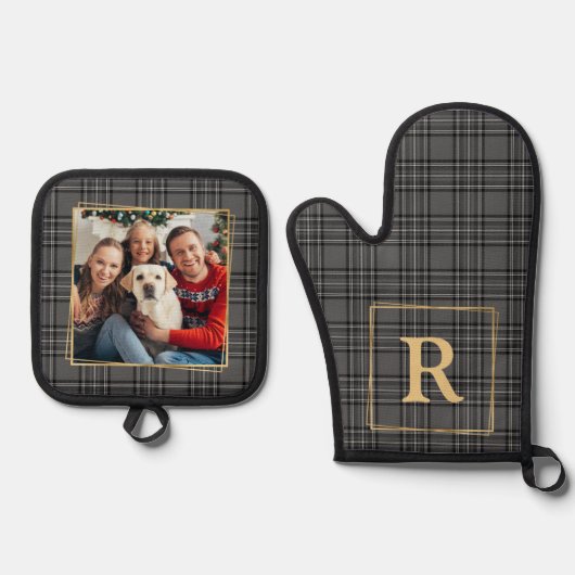 Familie Winter Grijs Geplaatst Custom Monogram & F Ovenwant & Pannenlap Set (Voorkant)